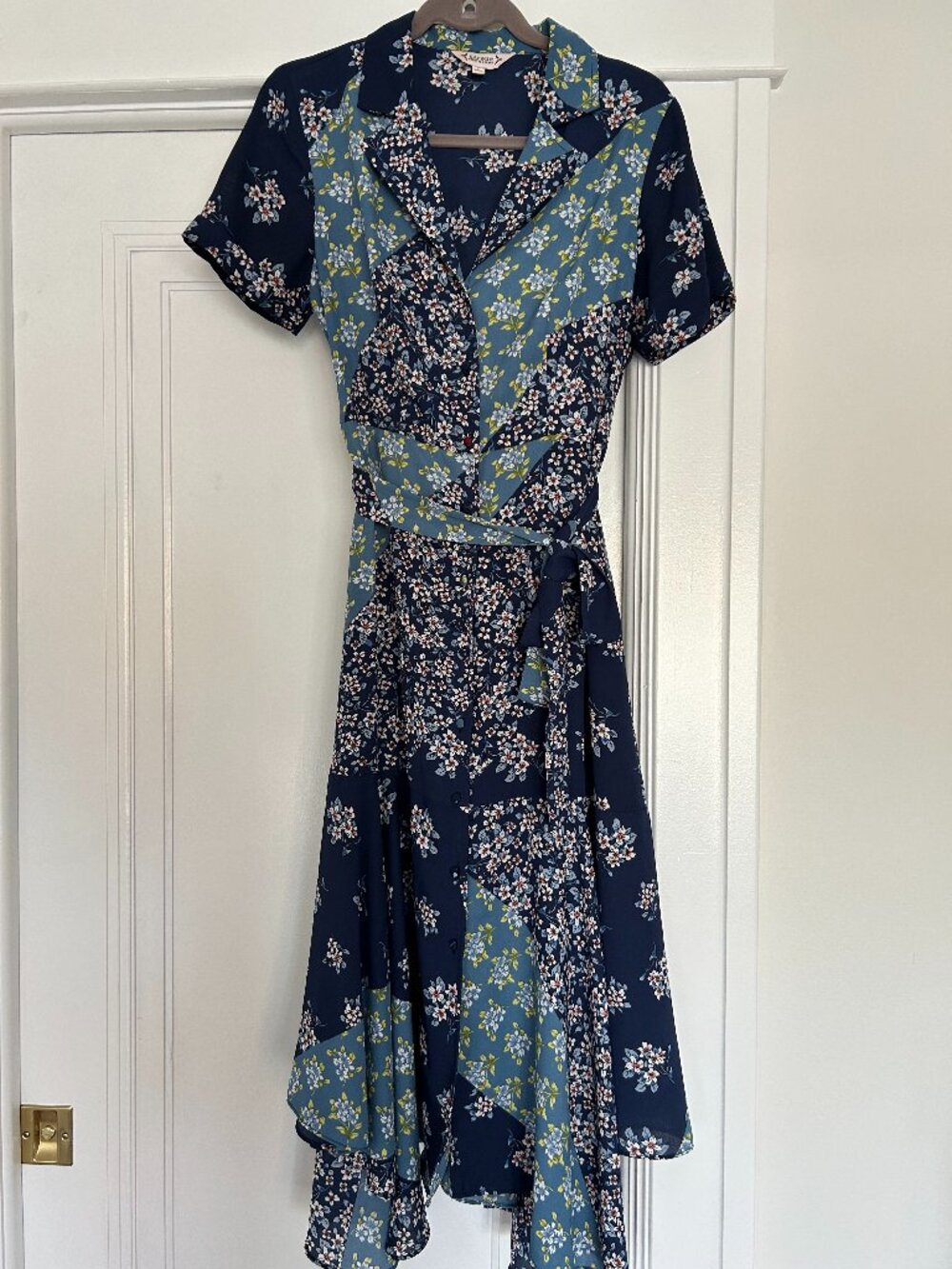 Nanette Lepore Dress blue with flowers, asymmetrical, perfect condition